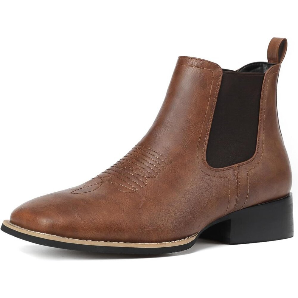 Men's Brown Square Toe Chelsea Boots Western Ankle Boot Slip On Casual Boot